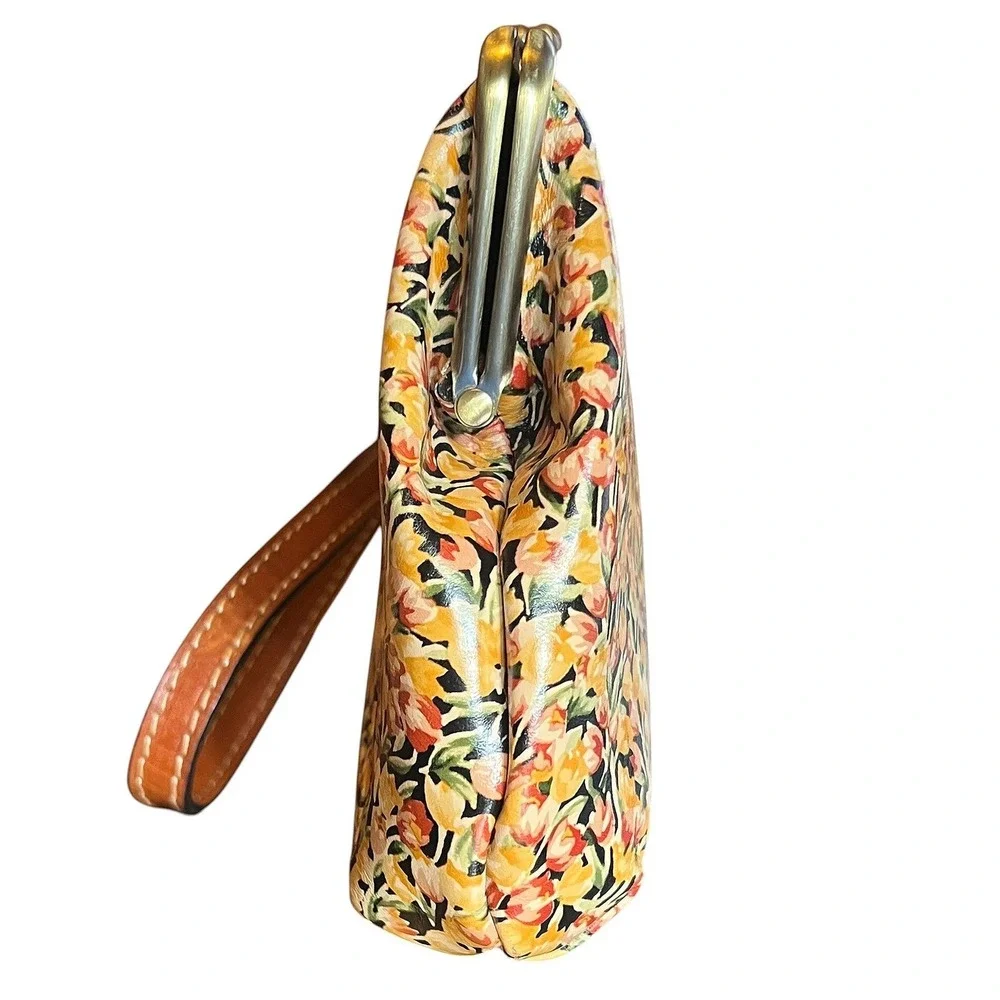 Patricia Nash Floral Leather Wristlet Yellow Orange Kiss Lock‎ Frame Bag Pouch
